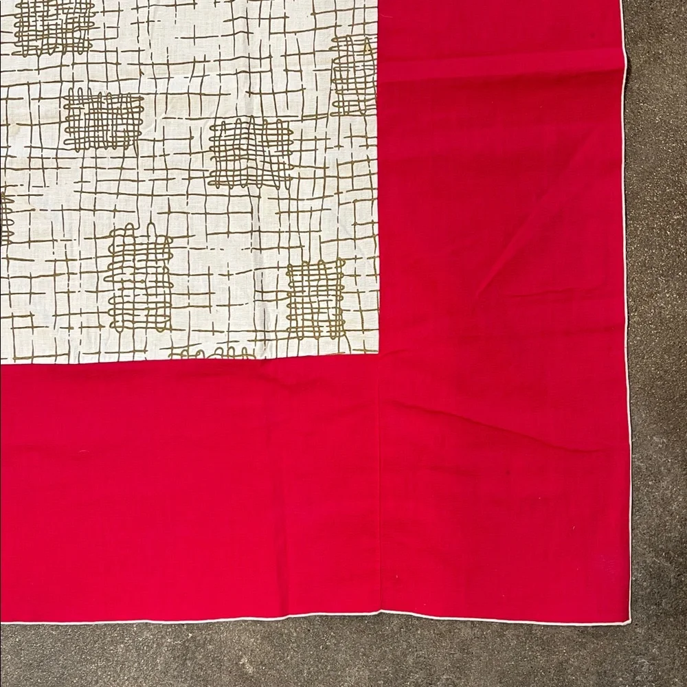 Vintage Tablecloth red 9” edge with cream & soft faded metallic insert